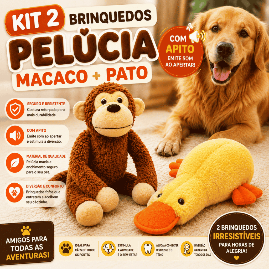 Kit 2 Brinquedos Interativos Para Cachorro Pelúcia Macaco + Pato Com Apito
