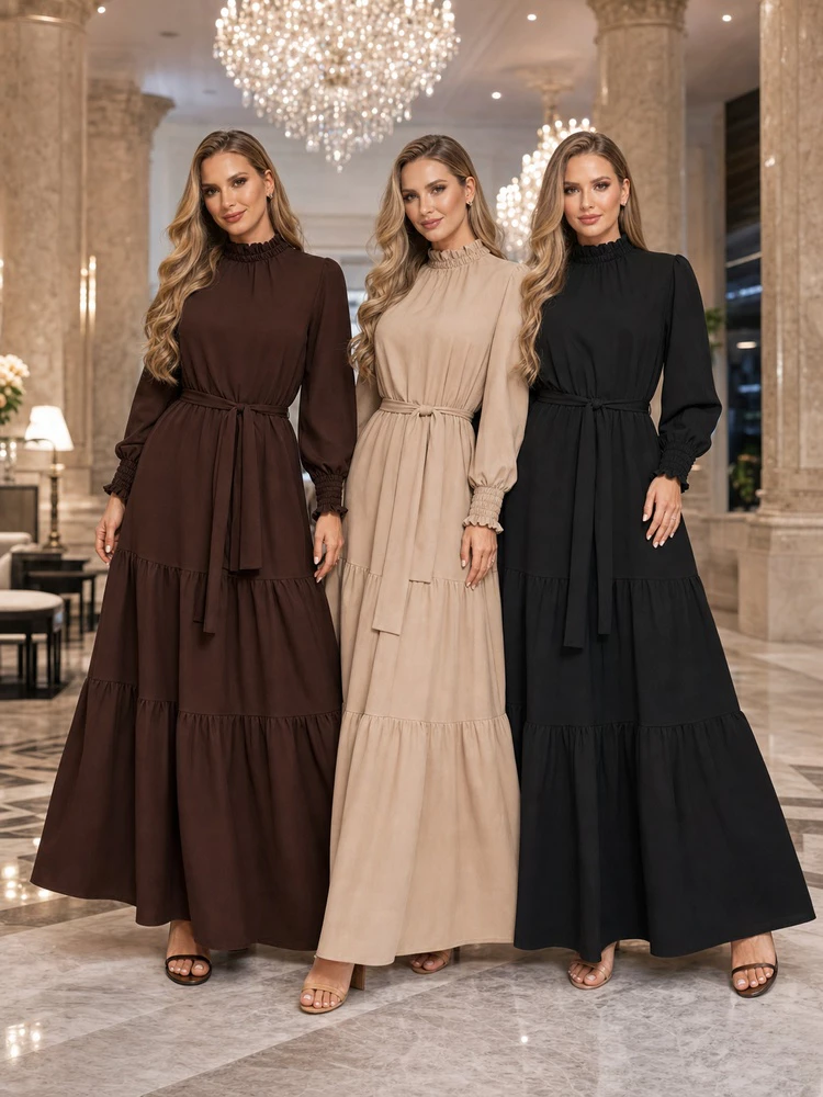 Vestido Feminino Manga Longa Gola Alta Tecido Duna Moda Evangélica e Cristã Para Inverno e Frio