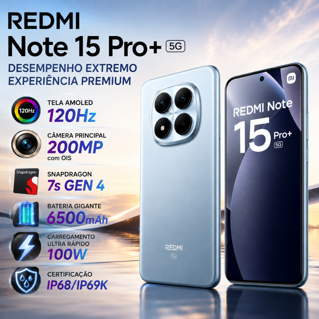 Celular Xiaomi Redmi Note 15 Pro+ (Plus) 5G, Tela Amoled 6.83", Câmera 200MP, Versão Global Original
