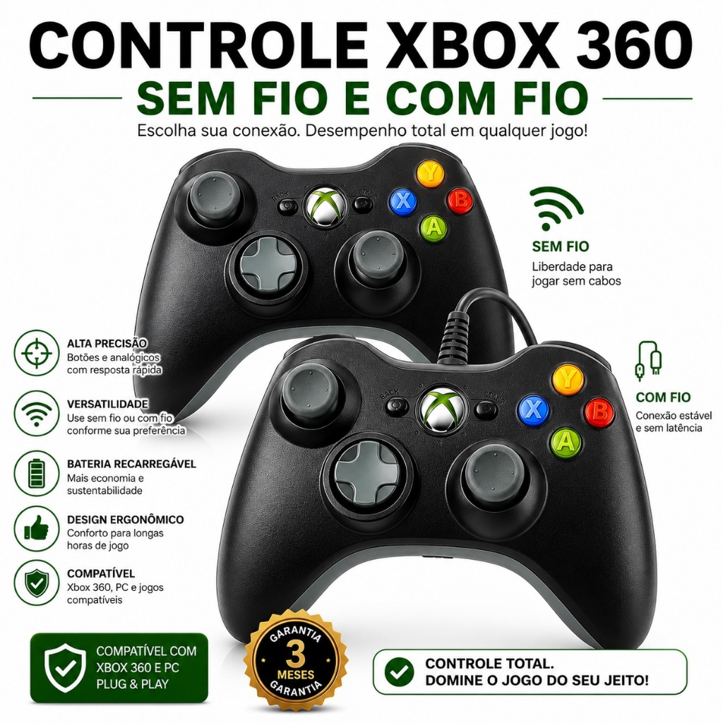 Controle Xbox 360 Sem Fio e Com Fio Preto Wireless Joystick Para Computador Ps3 e Android