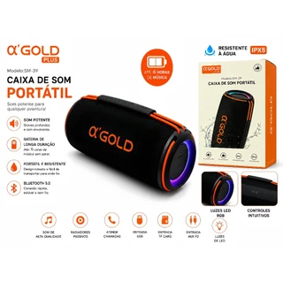 Caixa de Som Bluetooth Portátil α'GOLD PLUS SM-39 30W IPX5 com Luz LED RGB