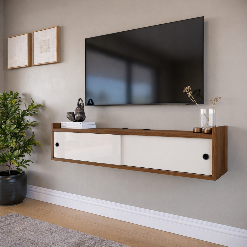 Rack Estante para TV até 50''' com Passa Cabo Estante de Sala e Quarto com 2 Portas de Correr Estilo Moderno