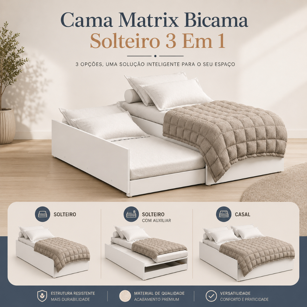 Cama Matrix Bicama Solteiro 3 Em 1 Com Auxiliar Vira Casal