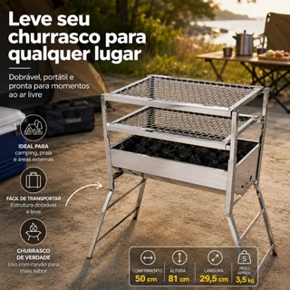Churrasqueira Inox Dobrável Portátil Grande a Carvão Alfa Suportel com 2 Grelhas Para Camping Praia e Churrasco