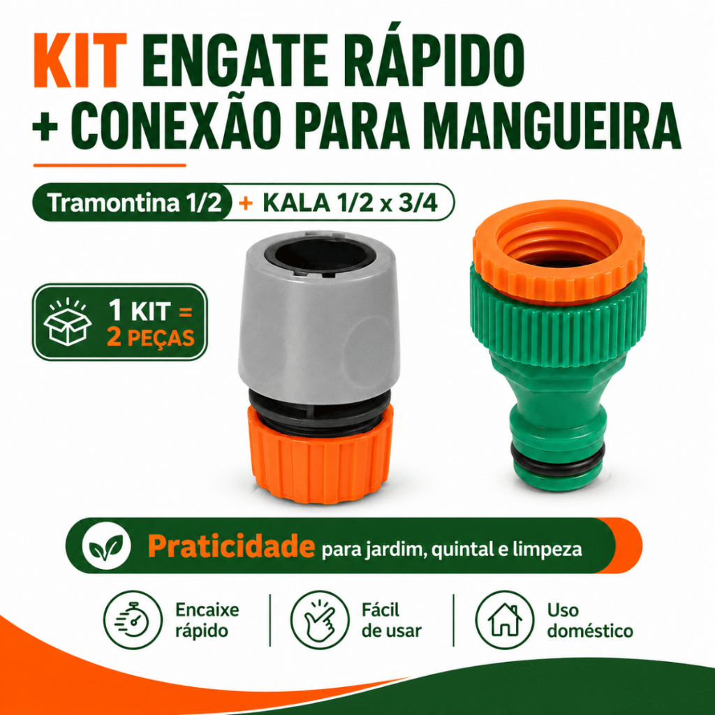 Kit Engate Rápido Tramontina 1/2 + Conector Kala 1/2 x 3/4 para Mangueira