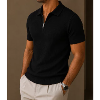 Camisa Polo Italiana Canelada Masculina Premium Slim Manga Curta Gola Zíper Casual Elegante Gola