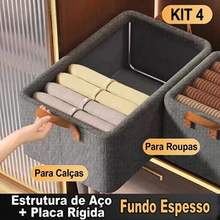 Kit 4 Cestos Organizadores Tecido com Estrutura de Aço para Roupas Guarda-Roupa