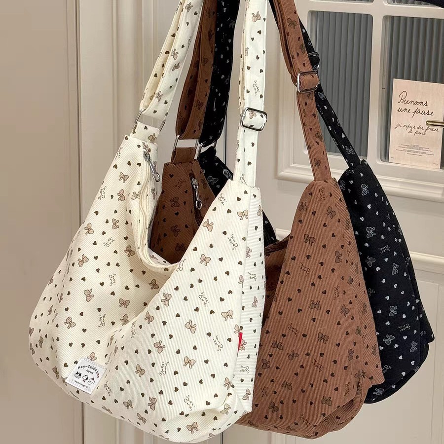 Bolsa Feminina Cotelê Estampada Grande Capacidade Casual Faculdade Trabalho
