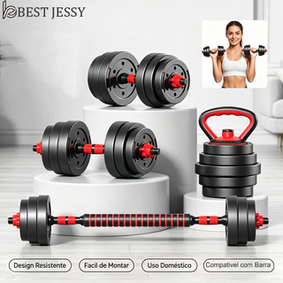 Kit de Treino Funcional 10/15/20kg Halteres Barra Supino Kettlebell Preto