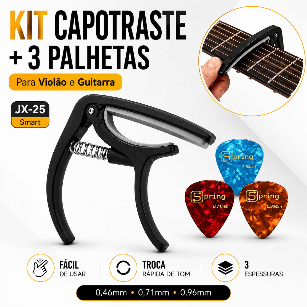 Kit Capotraste Violão Guitarra Smart JX-25 Preto + 3 Palhetas Spring Acessório Musical