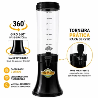 Torre de Chopp Beer Slim Chopeira 2 Litros com 2 Tubos Gelantes Base Giratoria 360°