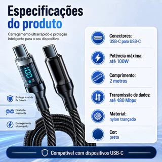 Cabo USB-C para USB-C 100W PD com Display Digital 2m Nylon para Notebook e Celular