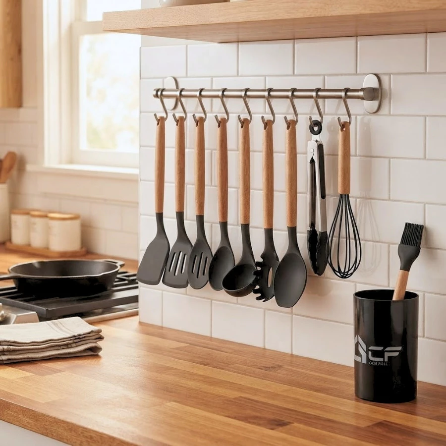 Kit Utensílios de Cozinha 19 Peças • Silicone com Cabo de Madeira • Completo e Resistente
