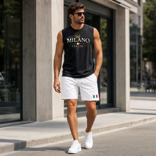 Conjunto Masculino Milano Itália Regata Machão Algodão e Short Tactel Moda Praia Casual
