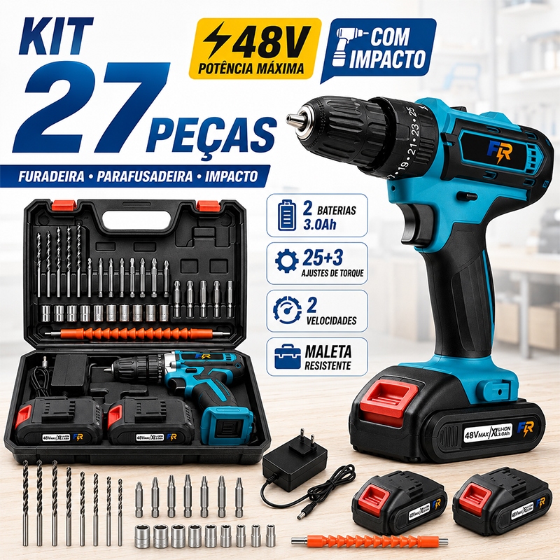 Parafusadeira Furadeira de Impacto 48V Sem Fio Kit 27 Peças com Maleta e Acessórios