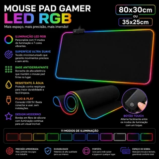 Mouse Pad Gamer Led Cores Com 11 Efeitos Grande 80x30 7 Cores ou 35x30 Iluminidado