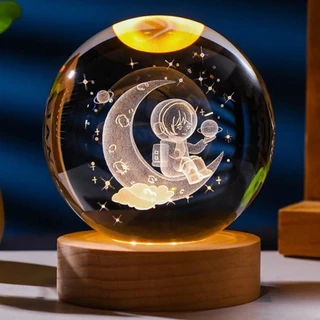 Luminária Bola de Cristal 3D LED Abajur de Mesa Luz Noturna Decorativa USB com Base De Madeira
