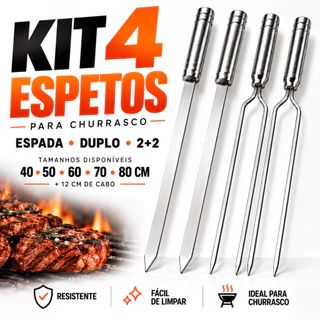 Kit 4 Espetos para Churrasco Alumínio Reforçado Espada Duplo 40 50 60 70 80cm Cabo Resistente