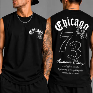 Regata Masculina Oversized Estampada Streetwear Cavada Camiseta Sem Manga Estampa Frente e Costas CHICAGO 73
