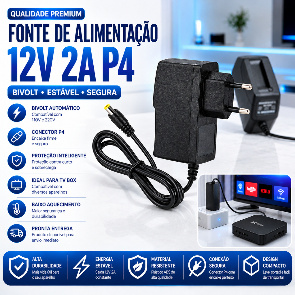 Fonte De Alimentação Bivolt 12v 2a P4 Tv Box Preto 110v/220v Pronta entrega