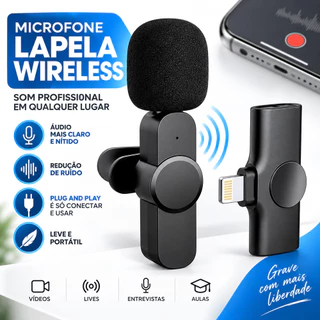 Microfone Lapela Sem Fio Wireless para Celular Entrada Lightning Plug and Play Gravação Vídeos Lives
