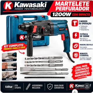 Martelete 5kg Furadeira 1200w Rotativo Rompedor Demolidor Maleta e Brocas Ponteira Talhadeira