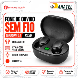Fone De Ouvido Sem Fio Bluetooth 5.3 TWS Sem Fio Duplo com Microfone Luz LED Preto H'maston RS-26 Fone de Ouvido