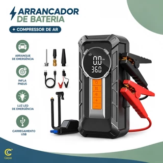 Compressor de Ar Portátil 4 em 1 Sem Fio + Auxiliar de Partida + Power Bank + Lanterna LED Carro Moto