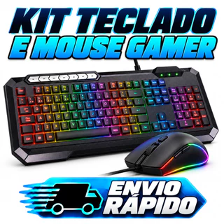 Kit Teclado e Mouse Gamer RGB USB com Fio ABNT2 114 Teclas Anti-Ghosting Multimídia Mouse 3600 DPI 6 Botões PC Notebooks