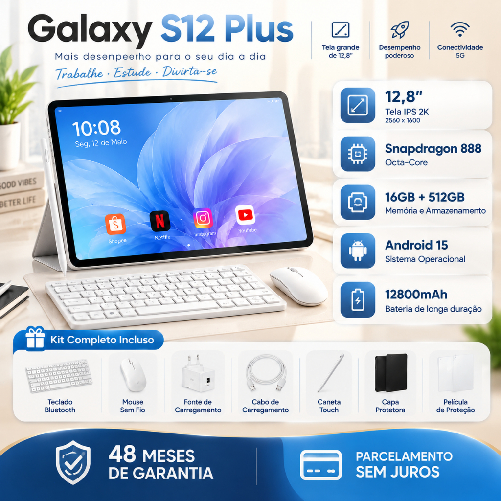 【Garantia 2 Anos】Tablet Galaxy S12 Plus 12.8" FHD Octa-Core 5G | Bateria 12800mAh | Envio em 24h