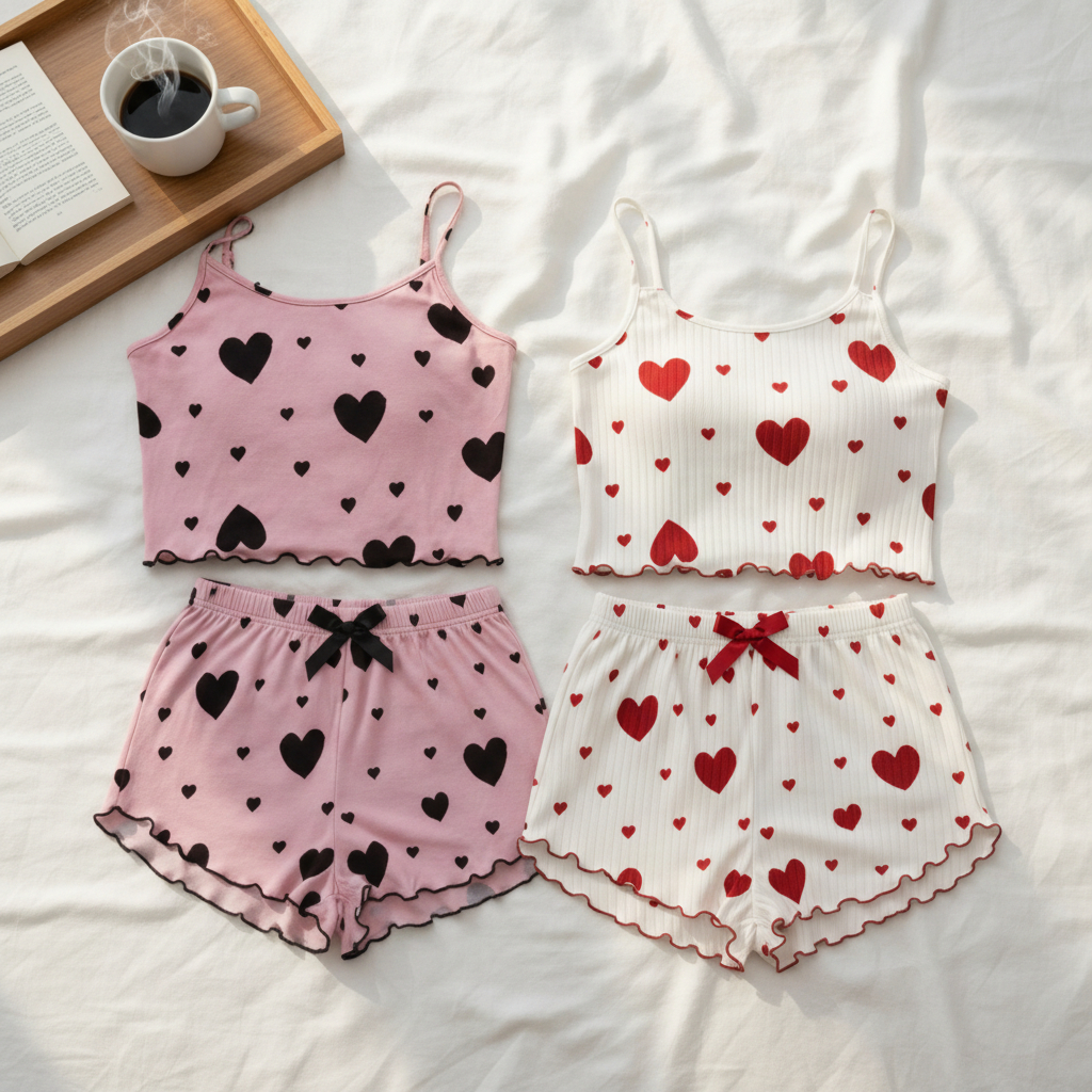 Conjunto 2 a 3 Pijamas Baby Doll Canelado com Estampa de Corações e Acabamento em Frufru Delicado em Oferta na Shopee