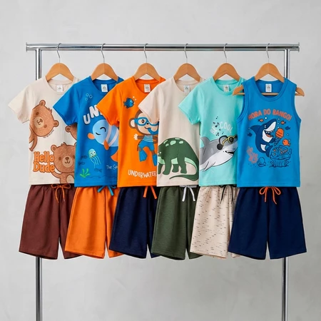 Kit Sortido 6 Ou 10 Peças de Roupas Infantil Bebê Menino (Camisetas + Bermudas) Conjunto Infantil Masculino de Calor — foto 2 de 3