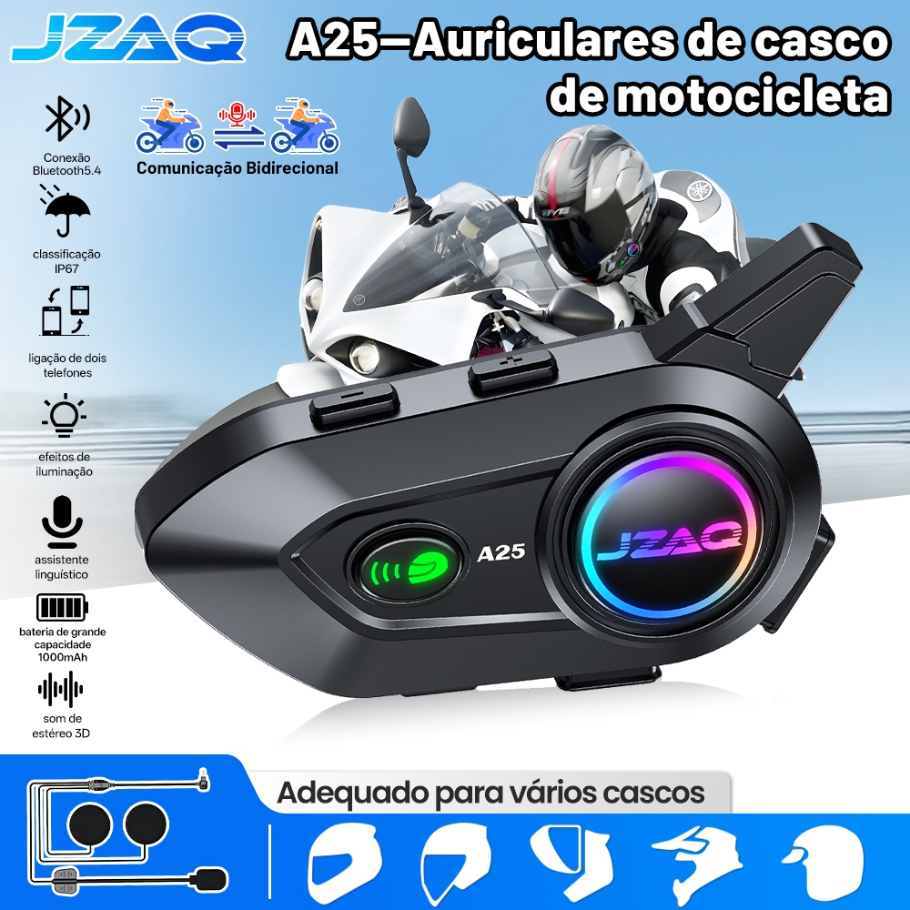 (COD)JZAQ A25 Fone Bluetooth para capacete de moto IP67 Impermeável Anti-ruído Intercom Áudio Hi-Fi Música Compartilhada