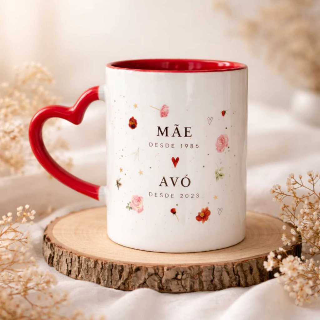 Caneca personalizada Mãe e Avó Alça Coração – Presente Dia das Mães e Avós Cerâmica Chá revelação