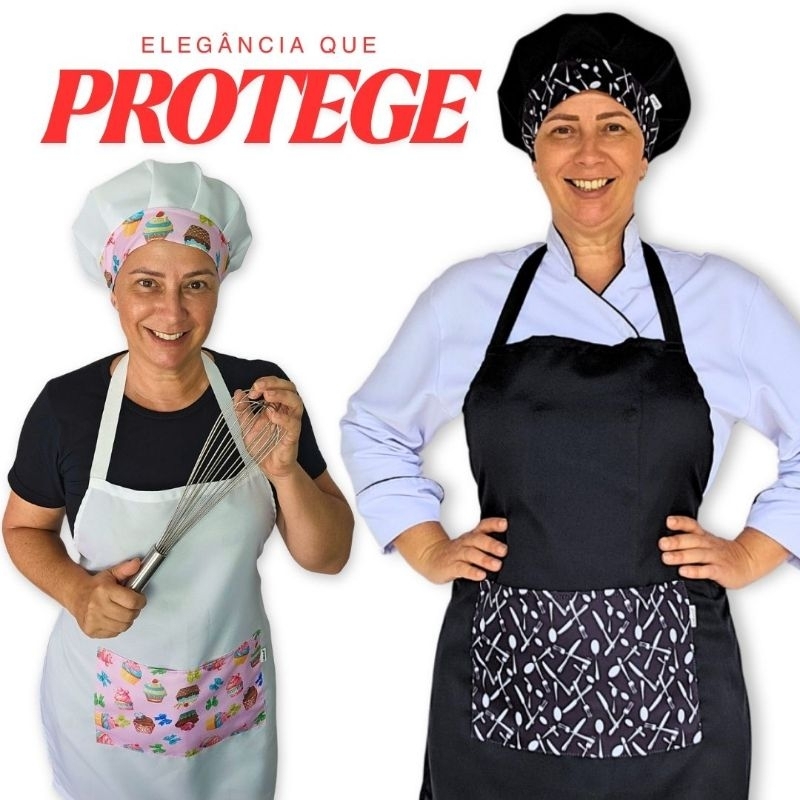 Kit avental e touca gorro de cozinha chapéu de chef