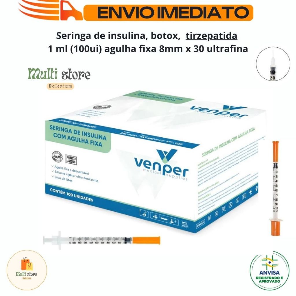 Seringa Insulina 100 ui (1ml) - 8x0,3mm VENPER- 1ml C/Agulha 8mm x 0 ...