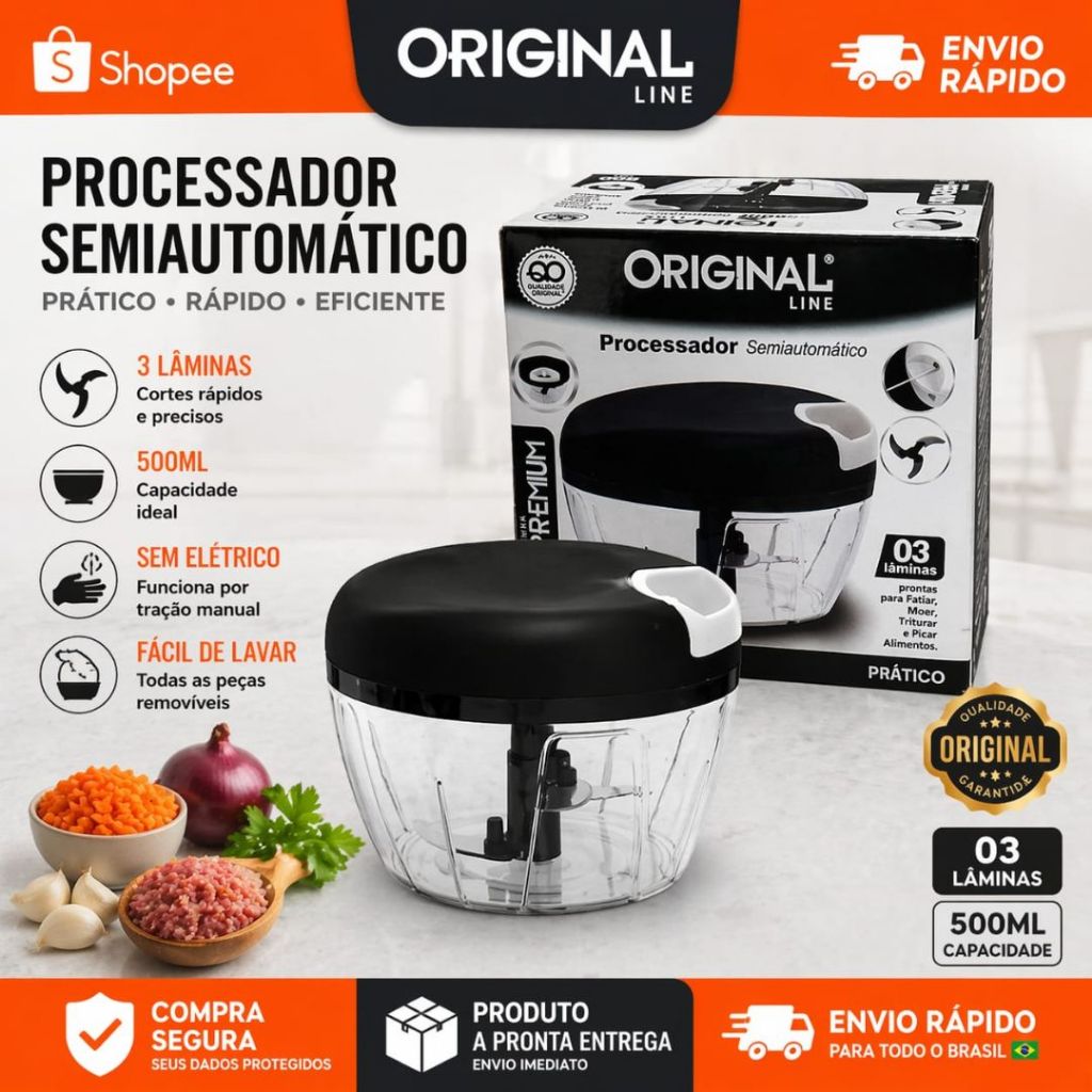 Processador de Alimentos Manual 500ml com Lâminas Afiadas e 