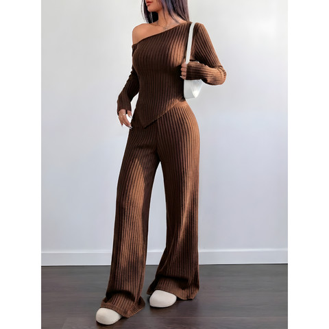 Conjunto Mila Feminino Blusa Assimétrica Manga Comprida  + Calça Pantalona Malha Ribana Moda Inverno — foto 1 — Achou Levou Brasil