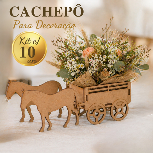 10 Cachepô Carroça MDF 20x5x7 cm Decoração Mesa Festa Rústica Centro Lembrancinha Carruagem Cavalo