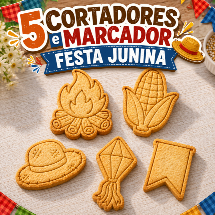 Kit 5 Carimbos + Cortadores Festa Junina Kit Caipira Confeit