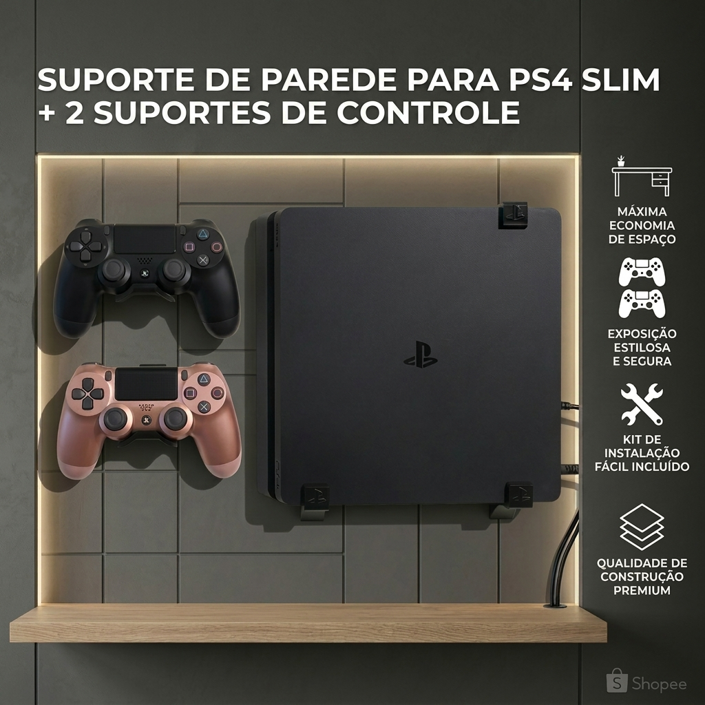 Suporte Preto de Parede para PS4 Slim + 2 Suportes Para Controles + Kit ...