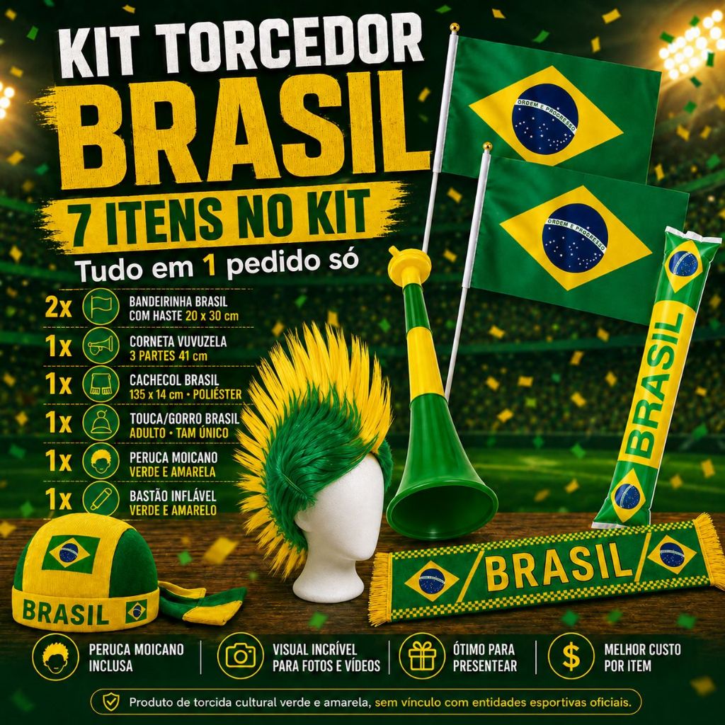 Kit Torcedor Brasil com 4 Versões (4/5/7/12 Itens), Bandeirinhas ...
