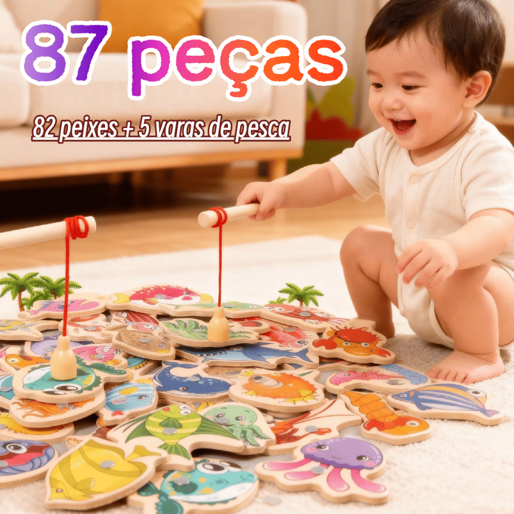 82 Peças Jogo de Pesca Magnético de Madeira, Brinquedo Educativo Montessori