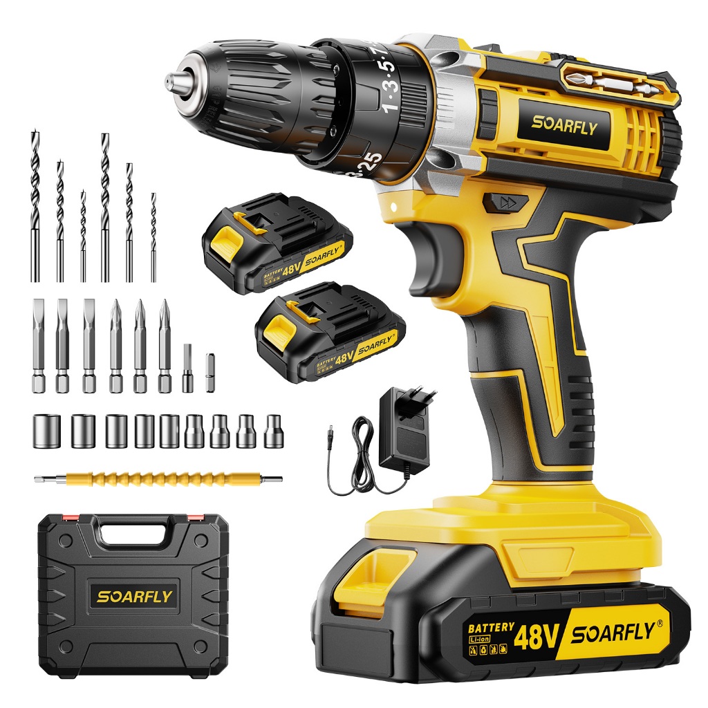 Parafusadeira Furadeira 48V Profissional Kit Completo 2 Baterias 48v Torque Ajustável Perfuração Aço