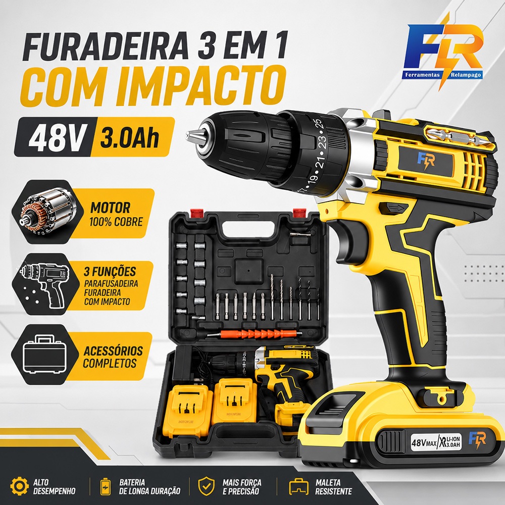 Parafusadeira Furadeira de Impacto 48V Sem Fio 2 Baterias 3 Funções com Maleta e Acessórios Kit Completo