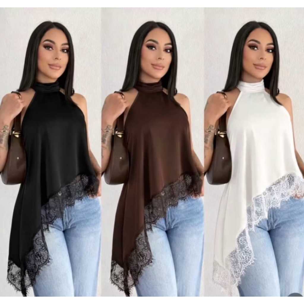 Blusa de gola alta com renda