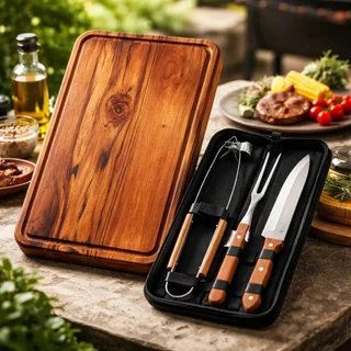 Kit Tabua Churrasco Rustica Personalizado Estojo Completo Faca Garfo Pegador