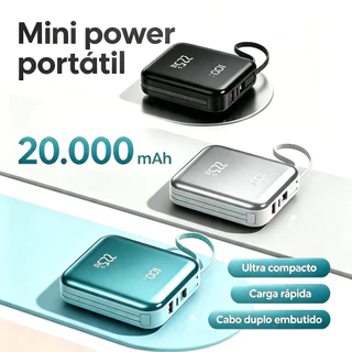 Mini power bank portátil 20.000 mAh com IOS e cabo Tipo Click