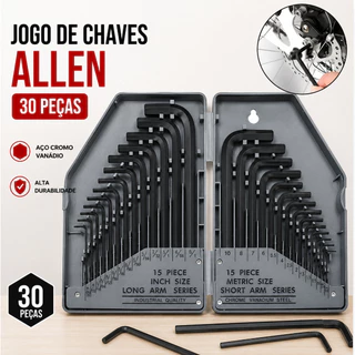 Kit de Chaves Allen com 30 Peças - Conjunto Hexagonal Interno Métrico e Imperial, Chave Allen em L com Ponta Plana