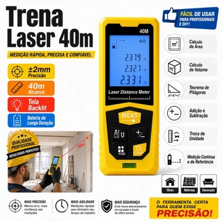 Trena Laser 40m Medidor de Distância Digital Precisão ±2mm Tela Backlit Nível Integrado Área Volume Pitágoras